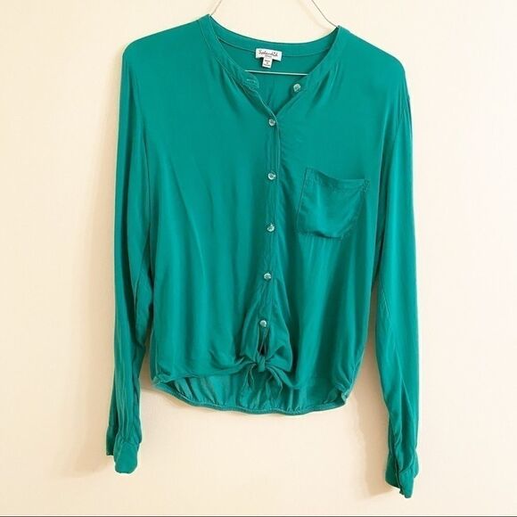 Splendid Kelly Green Tie Front Button Down Top Sm - Picture 1 of 5